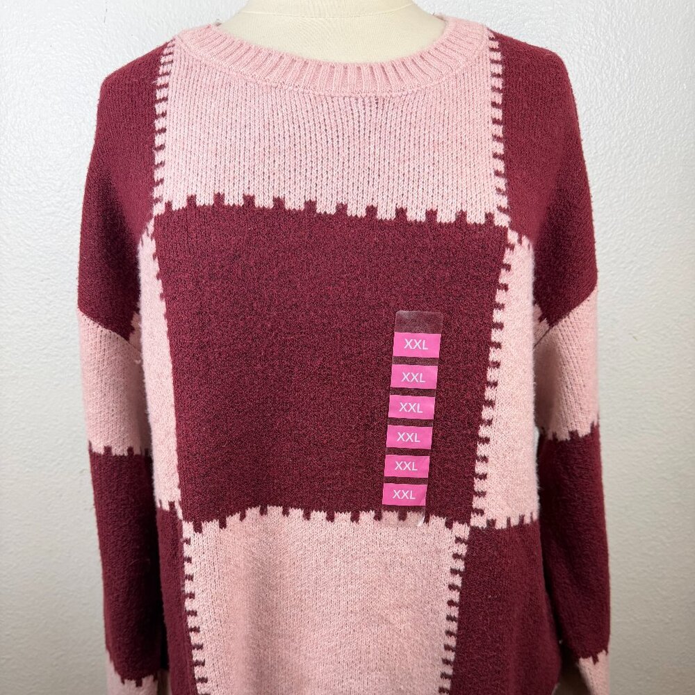 NWT Bearpaw‎ Sweater Plaid Pattern Pink & Burgundy Polyester Blend Size XXL